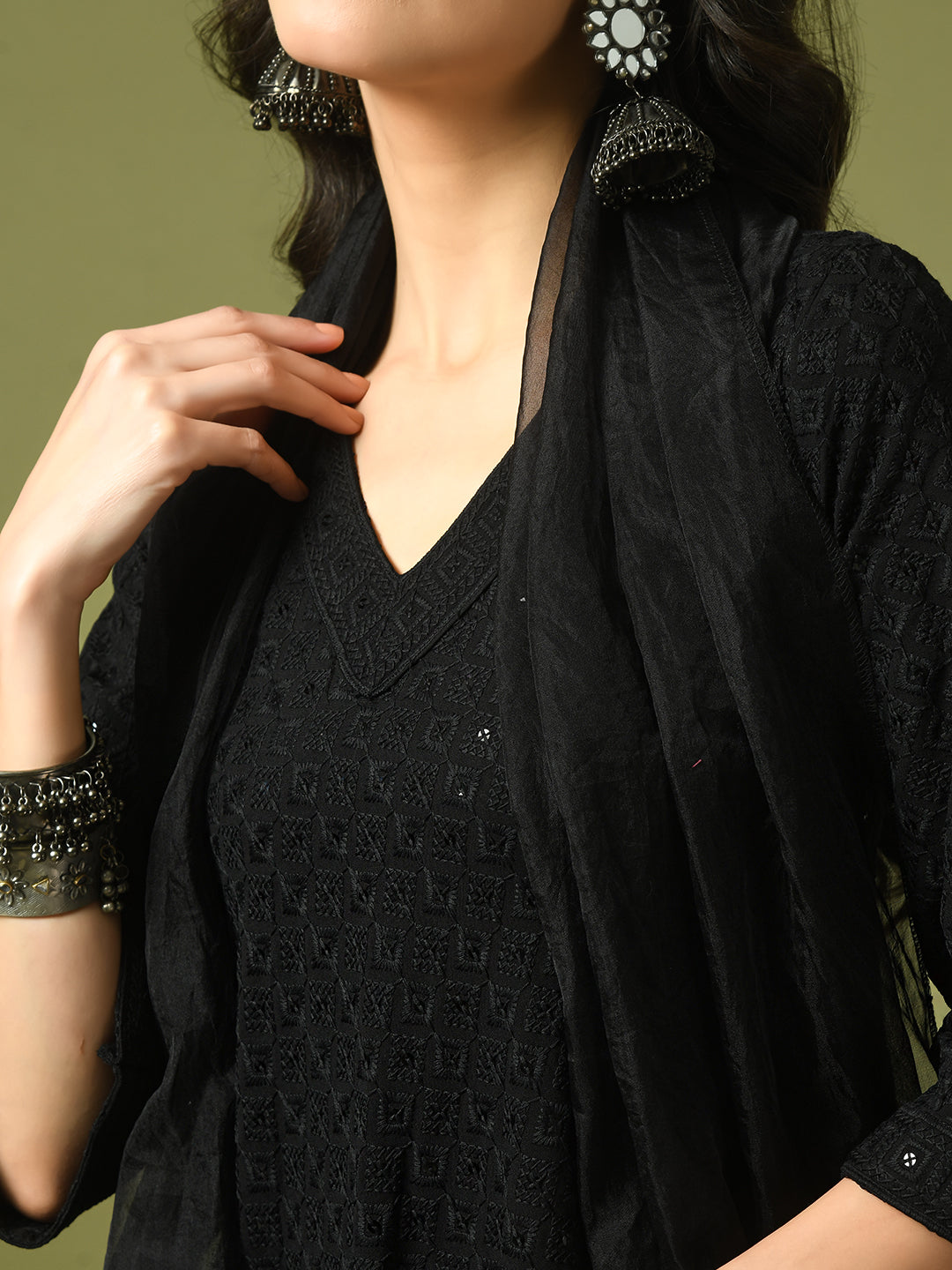 Women's Black Embroidered Cotton A-Line Party Kurta Sets With Dupatta