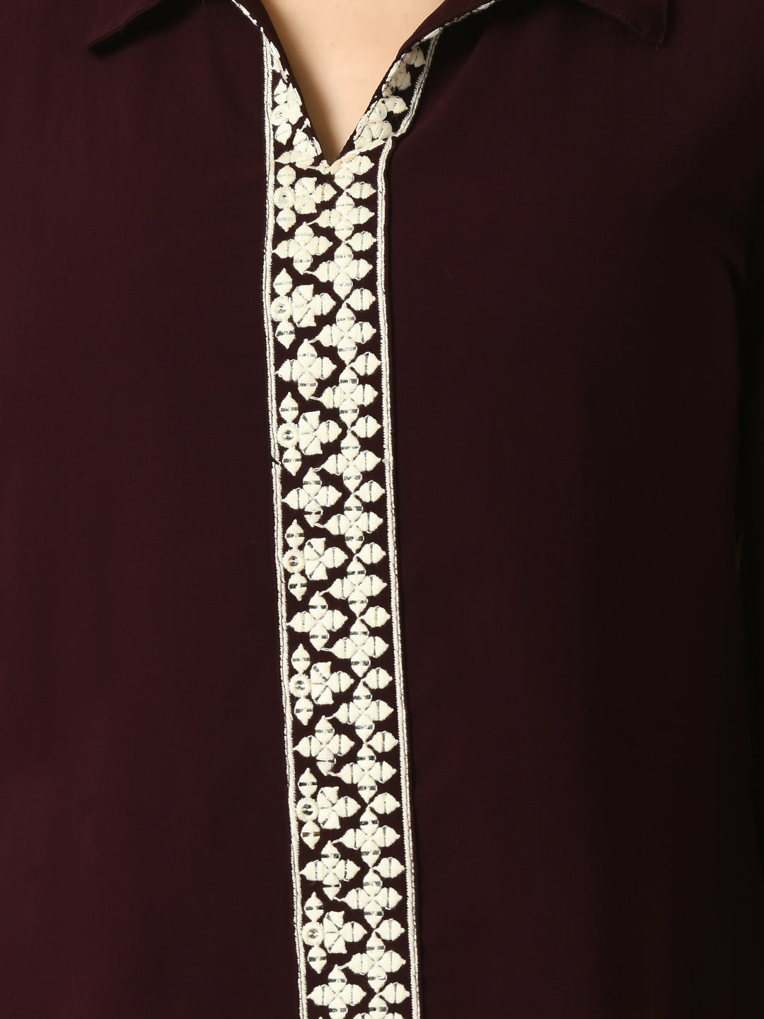 Women's Coffee Brown Embroidered Party Fusion Top