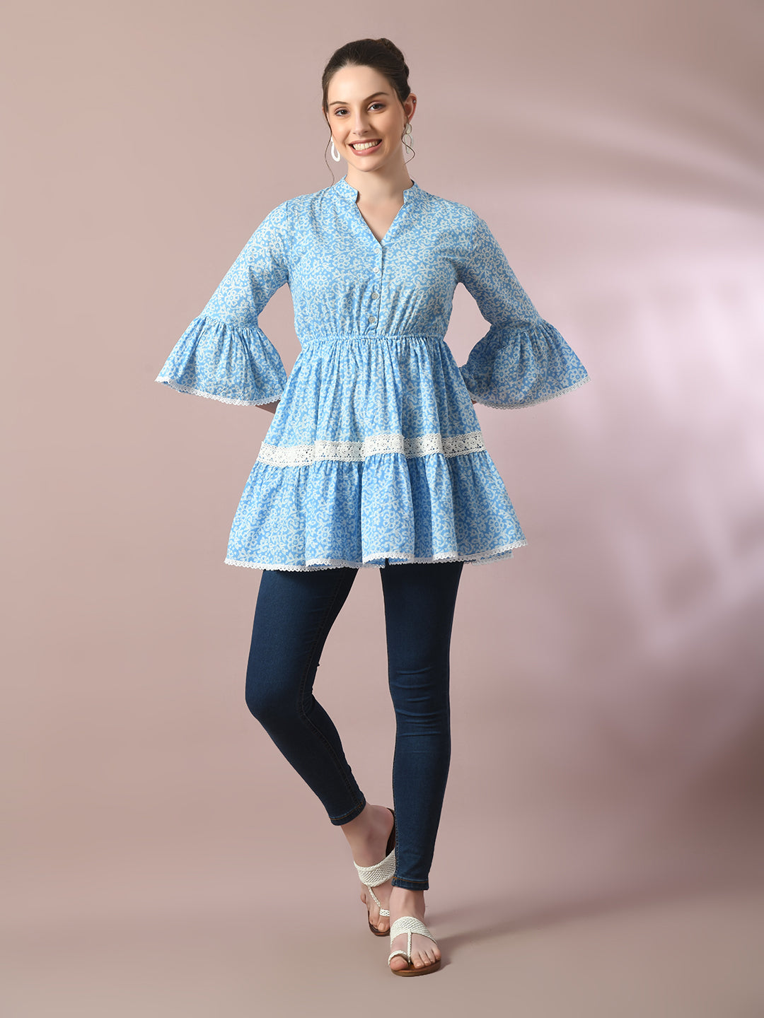 Women's Blue Embellished Cotton Gathered Party Empire Top