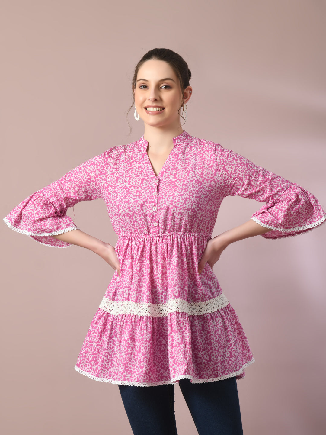 Women's Pink Embellished Cotton Gathered Party Empire Top