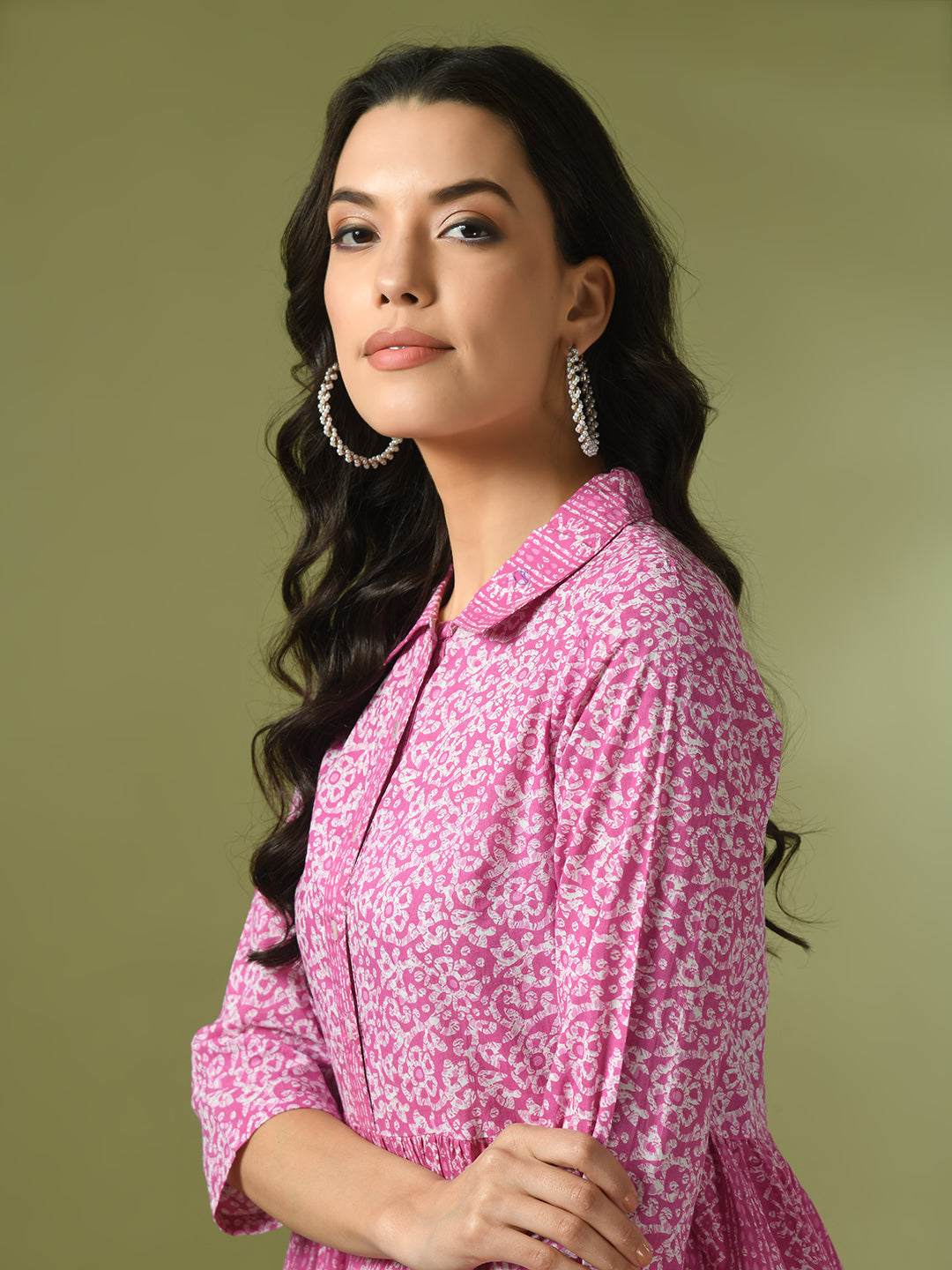 Women's Pink Embellished Cotton Gathered Party Empire Top