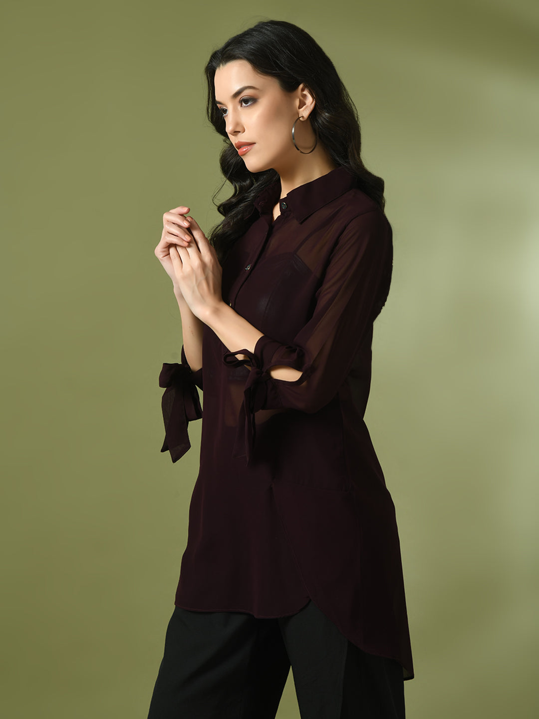 Women's Coffee Brown Solid Georgette Longline Party Sheer Tunic