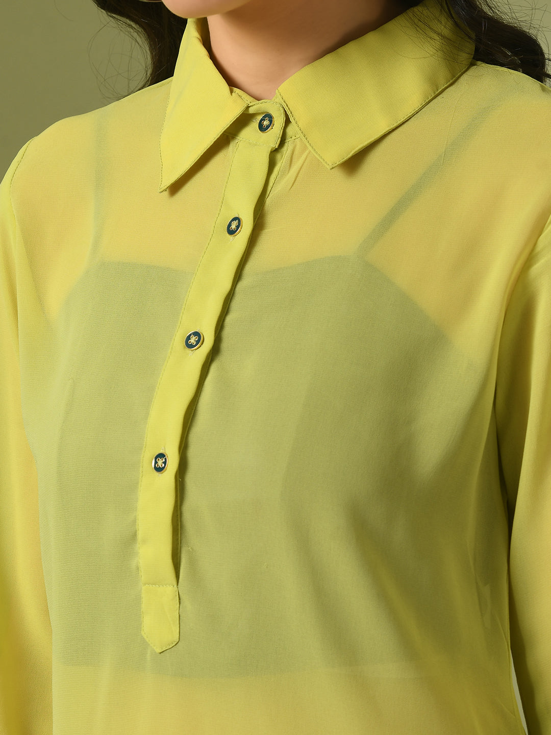 Women's Yellow Solid Georgette Longline Party Sheer Tunic