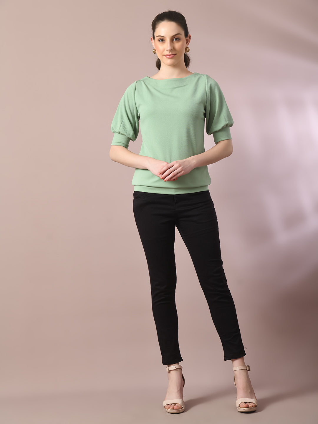 Women's Sea Green Solid Boat Neck Party Top