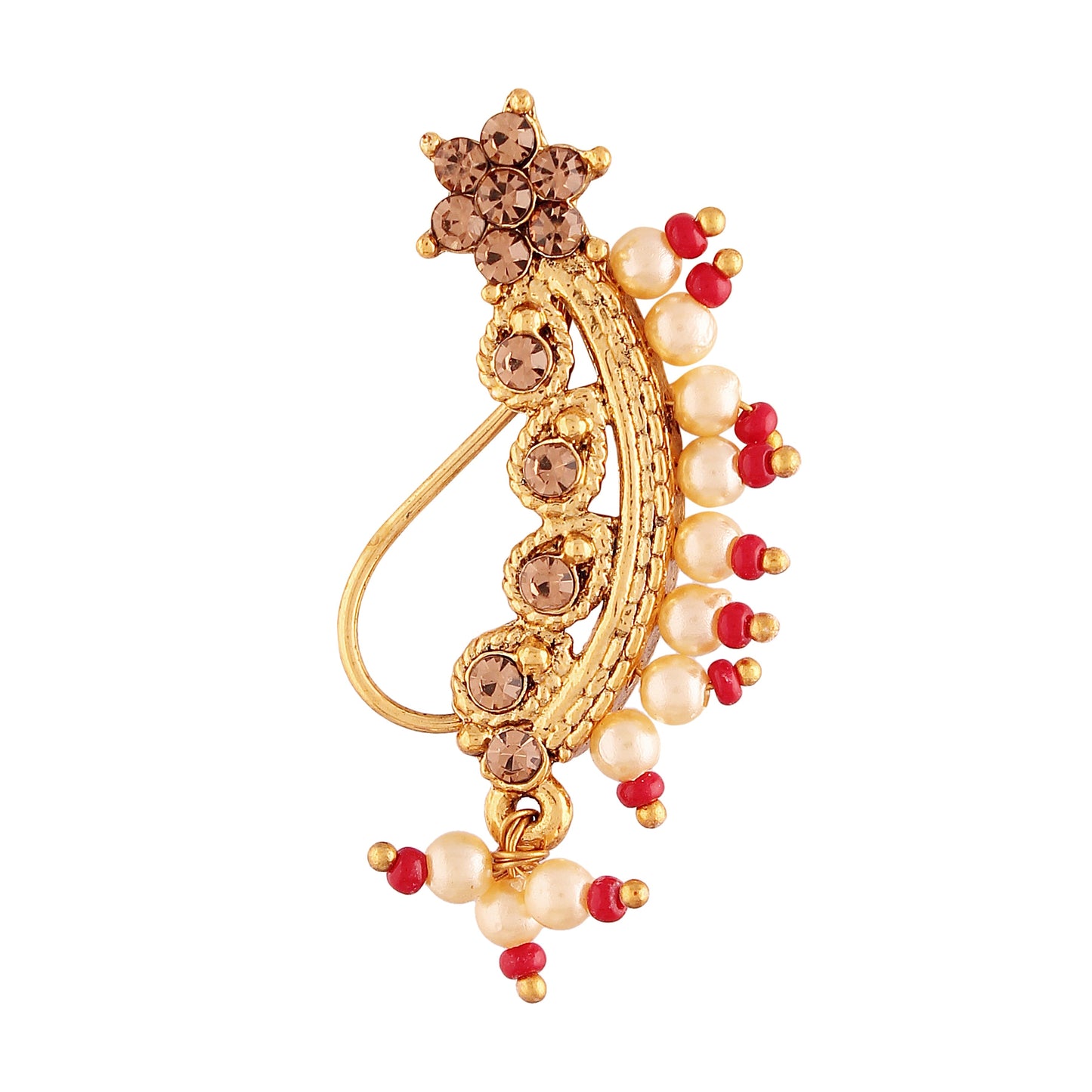 Nose Pin Marathi Style Gold Finish With Pearls
