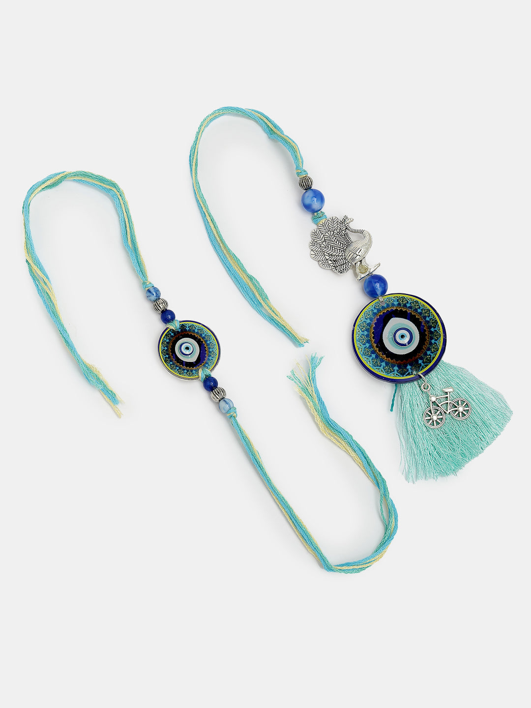 Set Of 2 Blue Evil Eye & Beaded Bhaiya Bhabi Rakhi With Roli Chawal & Chocolate