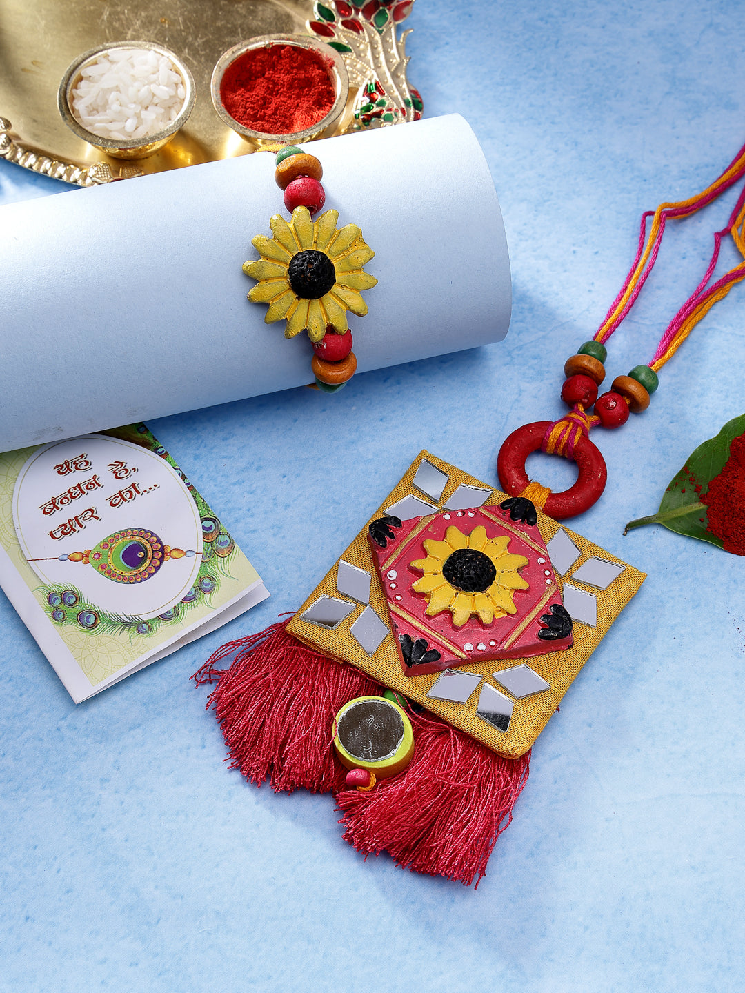 Set Of 2 Red & Yellow Mirror Work Handcrafted Bhaiya Bhabi Rakhi With Roli Chawal & Chocolate
