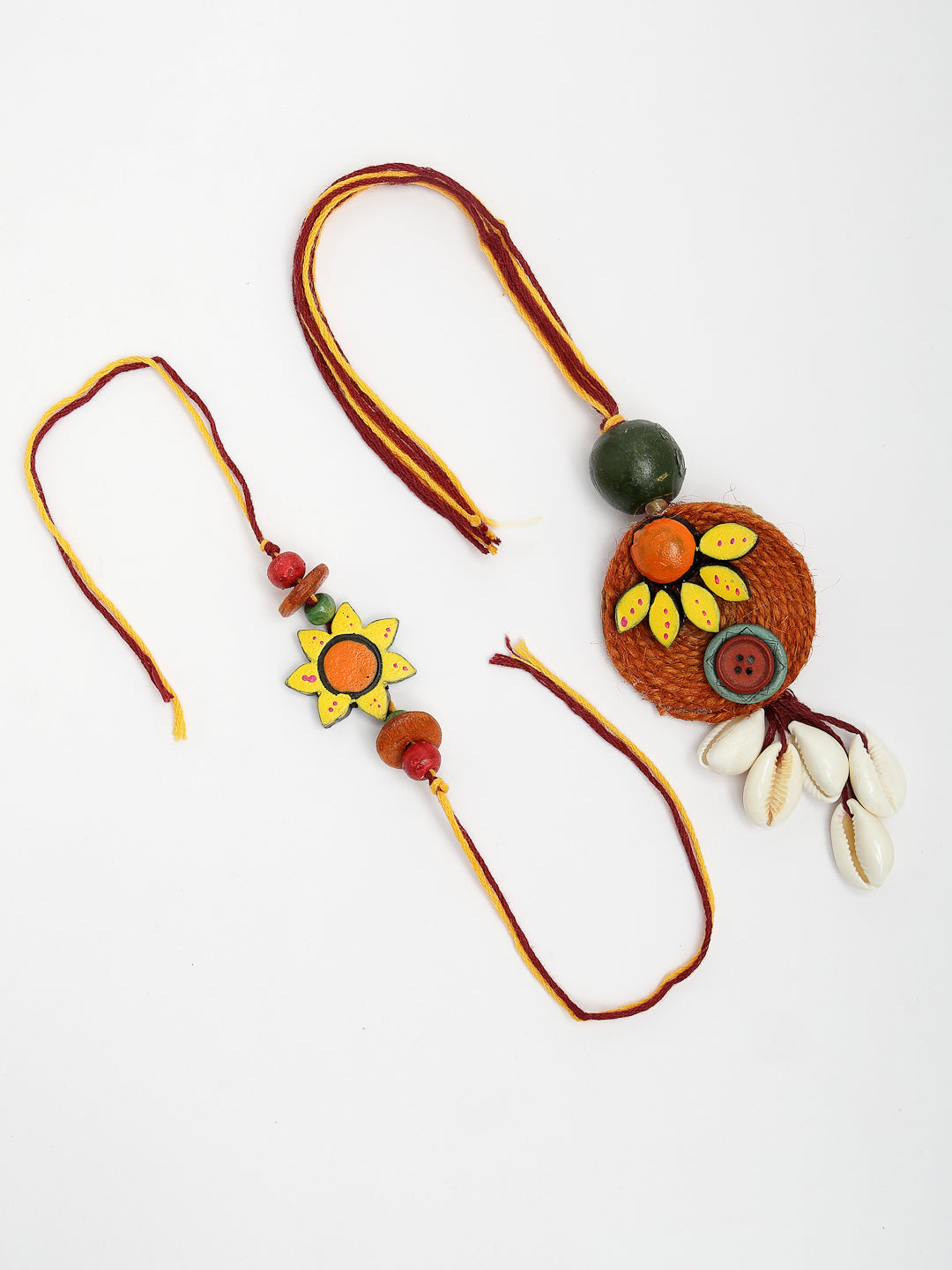 Set Of 2 Multicolor Sea Shell Handcrafted Bhaiya Bhabhi Rakhi With Roli Chawal & Chocolate