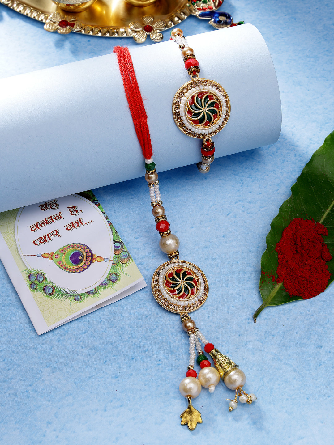 Set Of 2 Gold-Toned Stone-Studded & Beaded Bhaiya Bhabi Rakhi With Roli Chawal & Chocolate