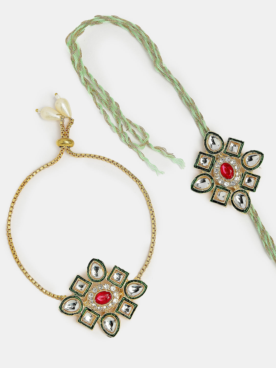 Set Of 2 Gold Kundan-Studded Handcrafted Wraparound Rakhi Set With Roli Chawal