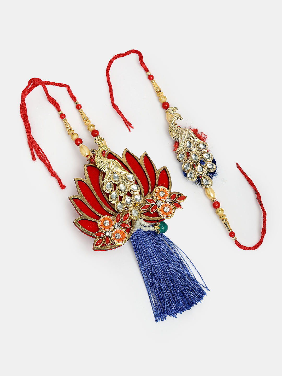Set Of 2 Gold-Toned Peacock Design Stone-Studded Bhaiya Bhabhi Rakhi With Roli Chawal