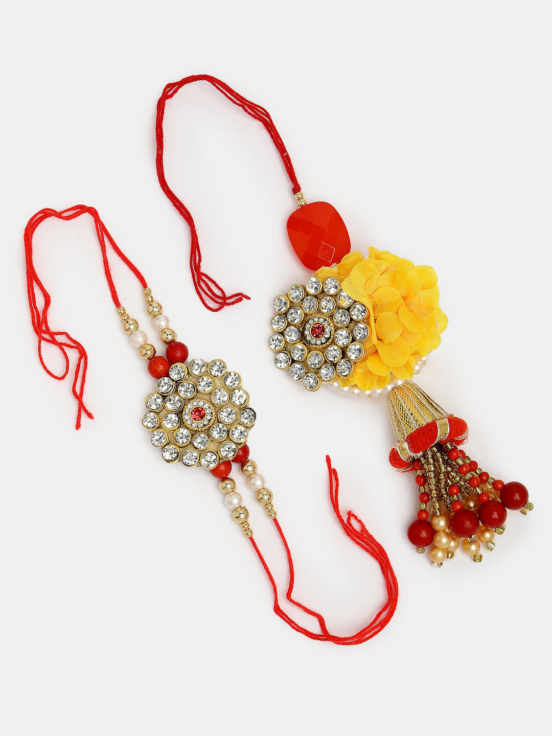 Set Of 2 Red & Gold-Toned Stone-Studded & Beaded Bhaiya Bhabhi Rakhi With Roli Chawal & Chocolate