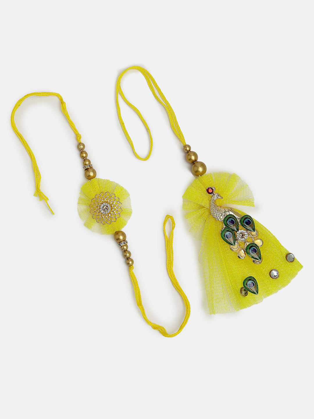 Set Of 2 Yellow Peacock Design Bhaiya Bhabhi Rakhi With Roli Chawal & Chocolate