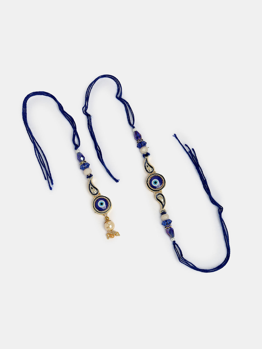Set Of 2 Blue Evil Eye Beaded Bhaiya Bhabhi Rakhi With Roli Chawal