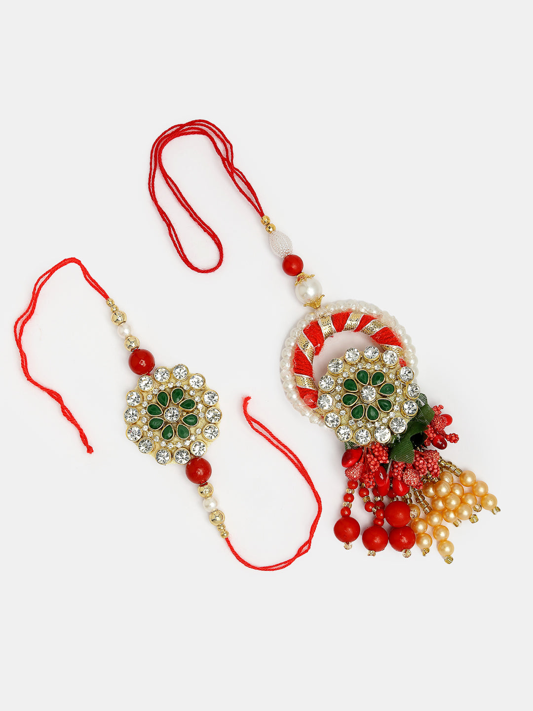 Set Of 2 Red & Gold Toned Stone-Studded & Beaded Bhaiya Bhabhi Rakhi With Roli Chawal & Chocolate
