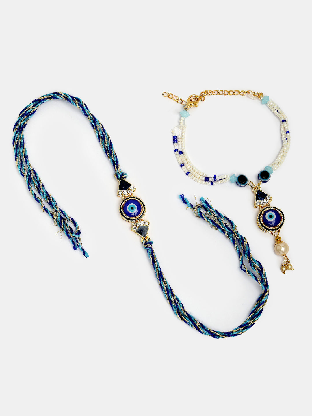 Set Of 2 Blue Evil Eye Bhaiya Bhabhi Rakhi With Roli Chawal & Chocolate