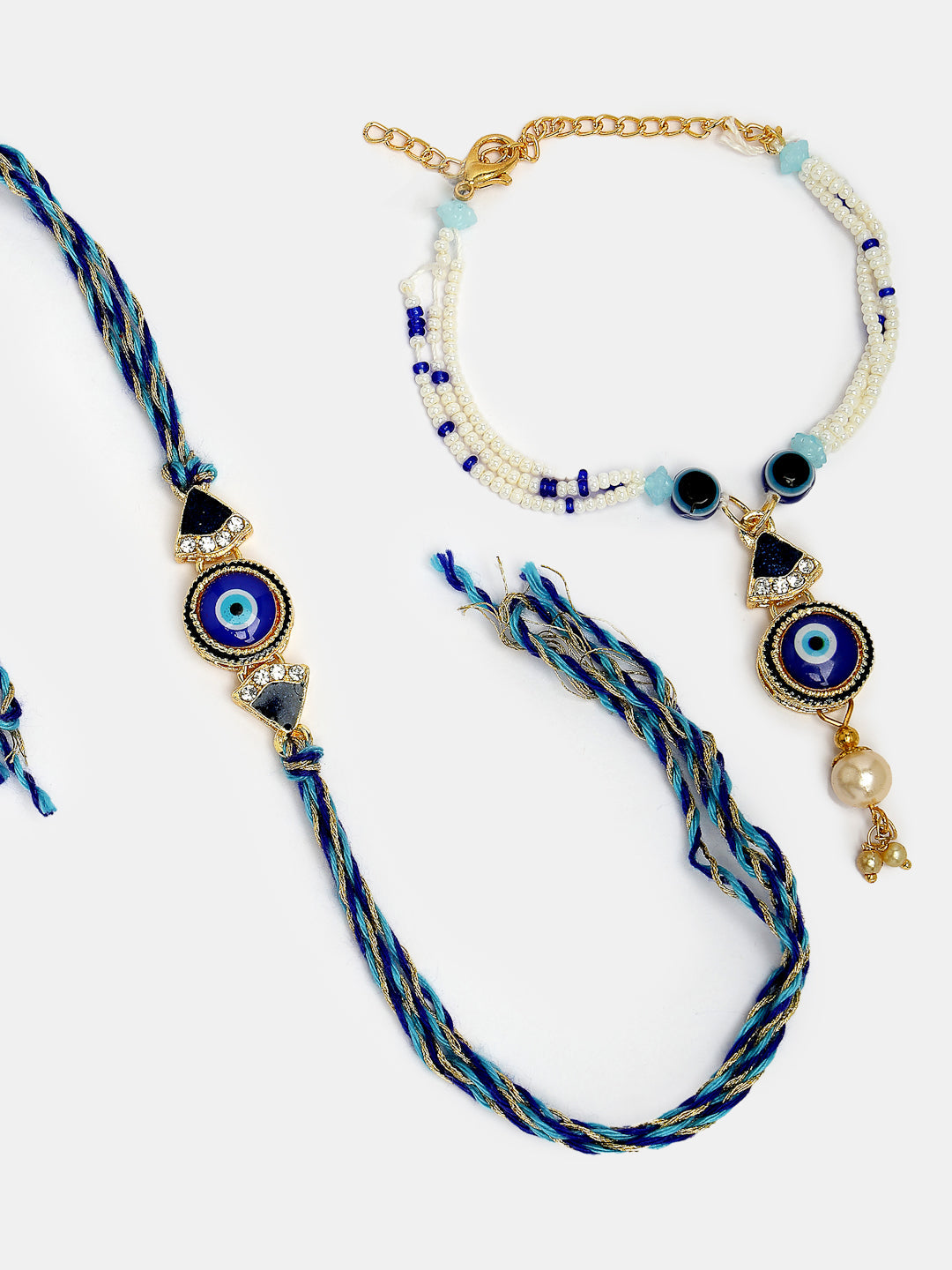 Set Of 2 Blue Evil Eye Bhaiya Bhabhi Rakhi With Roli Chawal