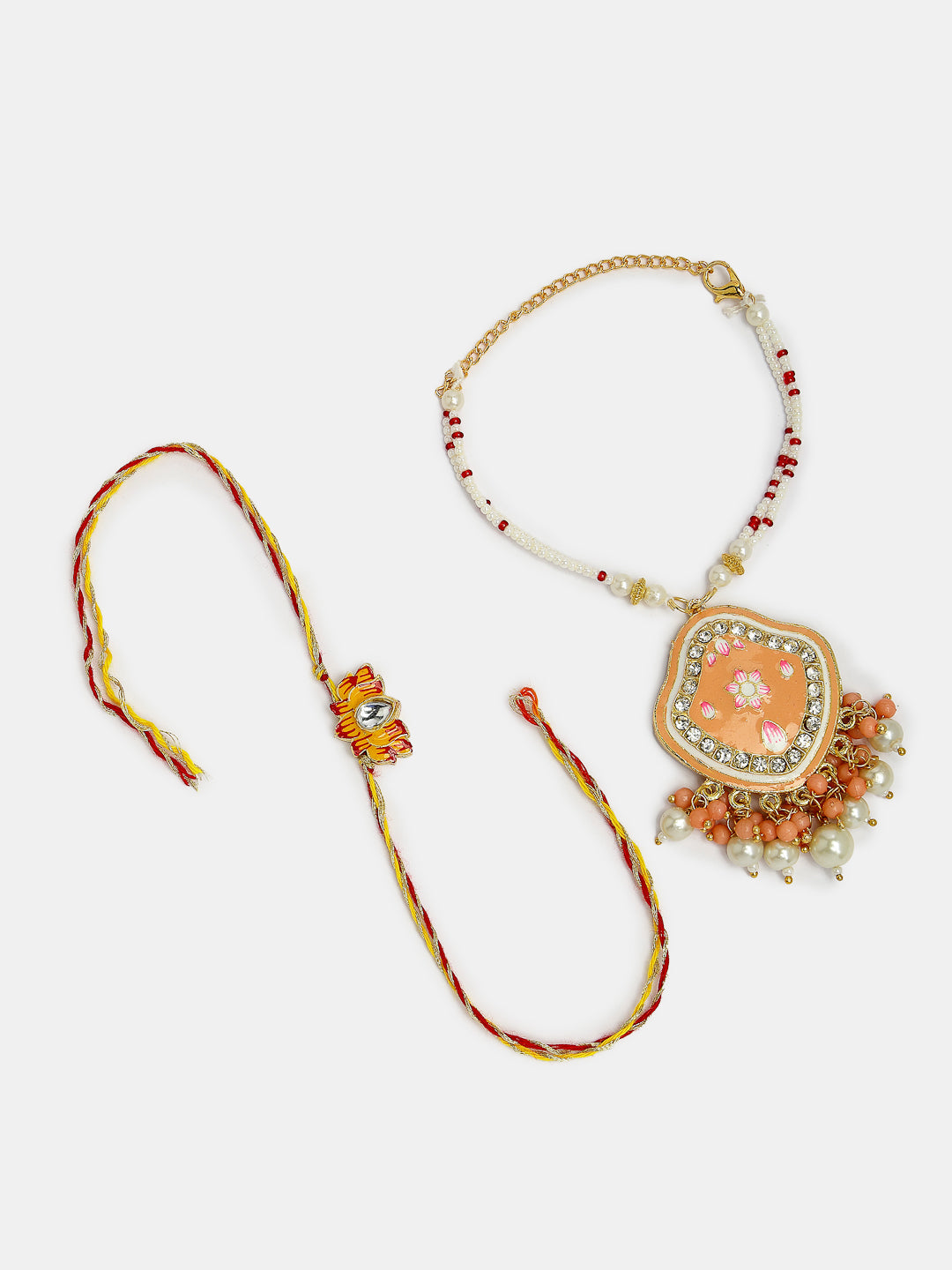 Set Of 2 Peach Lotus Shape Kundan Stone-Studded & Beaded Bhaiya Bhabhi Rakhi With Roli Chawal & Chocolate