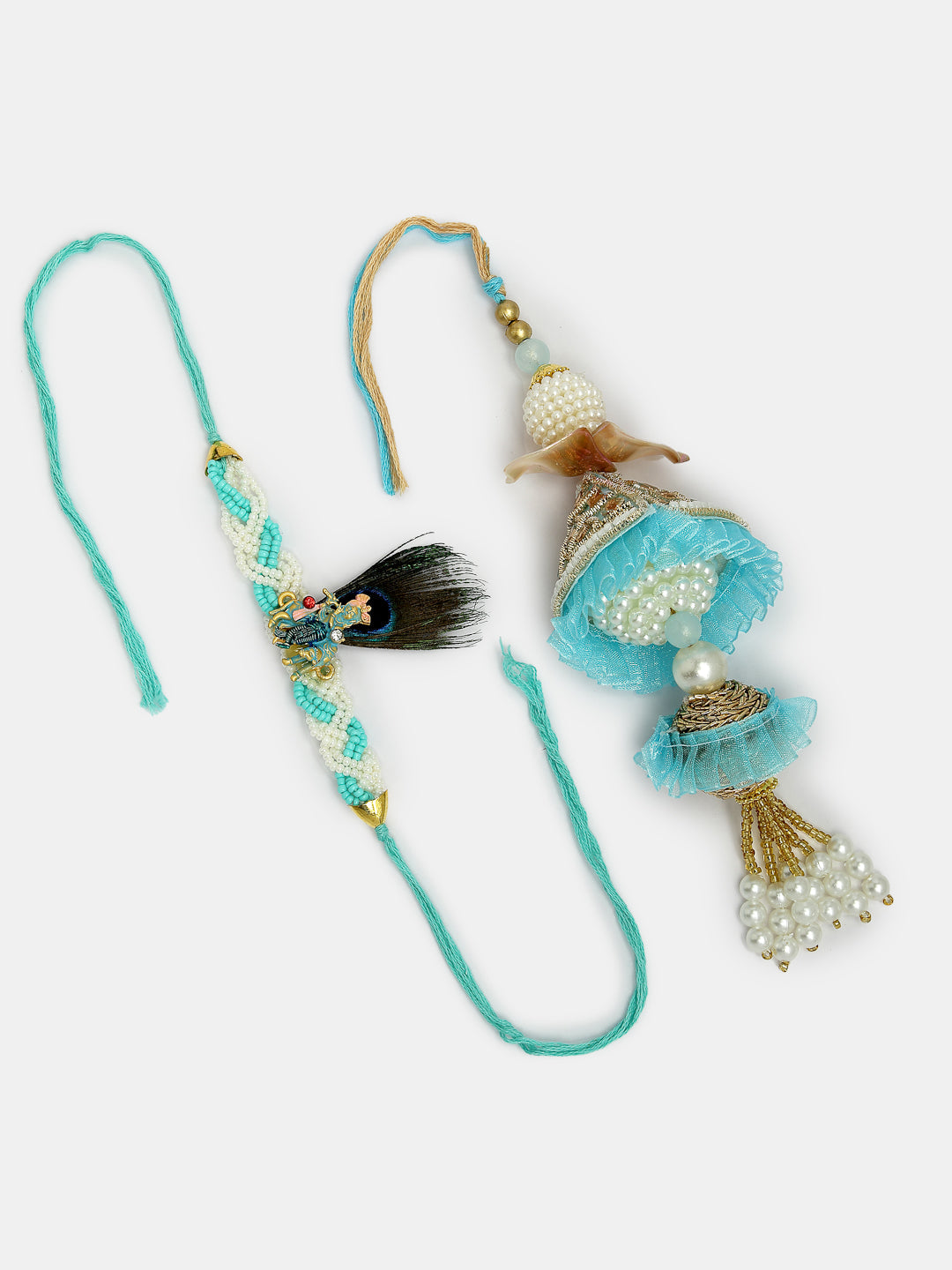 Set Of 2 Blue Krishna Pearl Bhaiya Bhabhi Rakhi With Roli Chawal & Chocolate