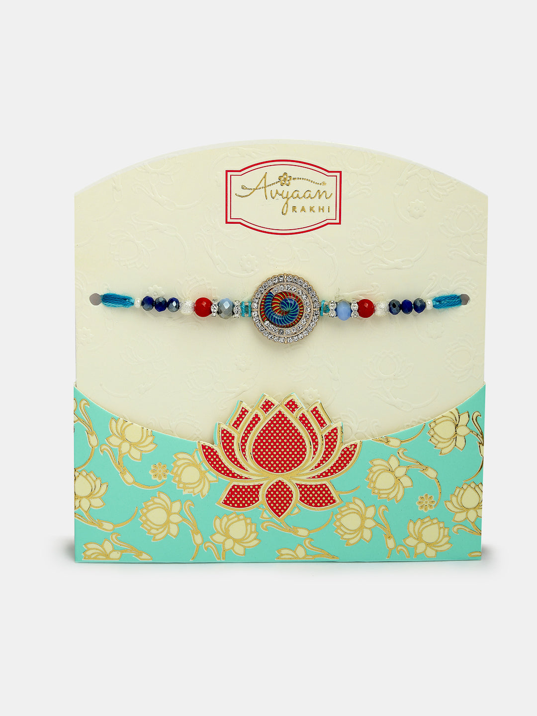 Set Of 2 Blue Kundan-Studded & Beaded Bhaiya Bhabhi Rakhi With Roli Chawal & Chocolate