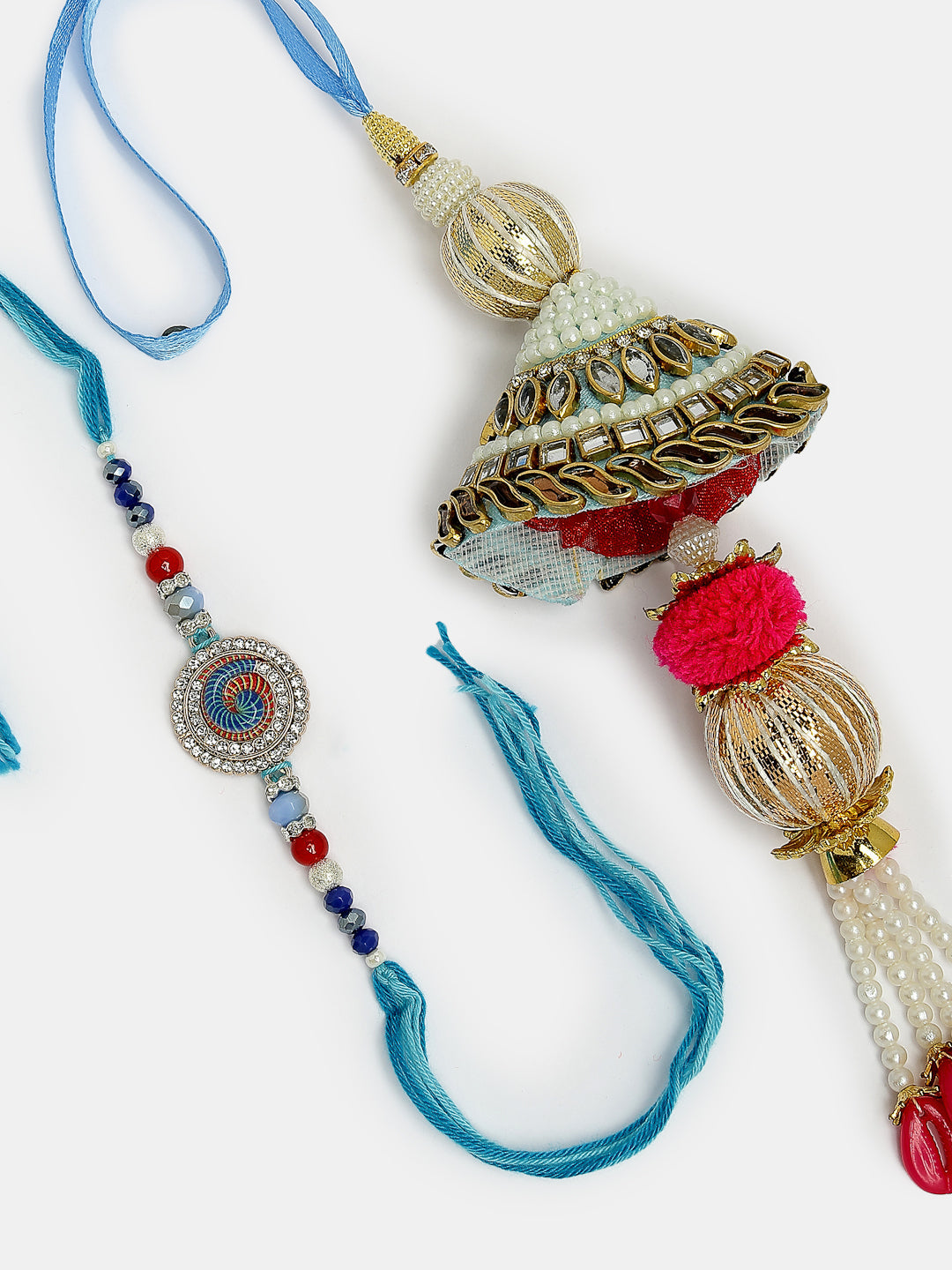Set Of 2 Blue Kundan-Studded & Beaded Bhaiya Bhabhi Rakhi With Roli Chawal