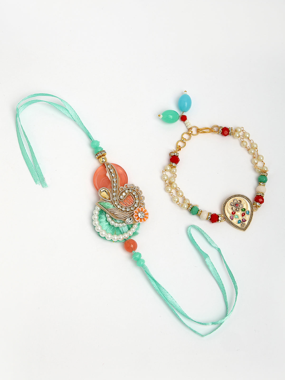 Set Of 2 Multicolor Stone-Studded & Beaded Bhaiya Bhabhi Rakhi With Roli Chawal