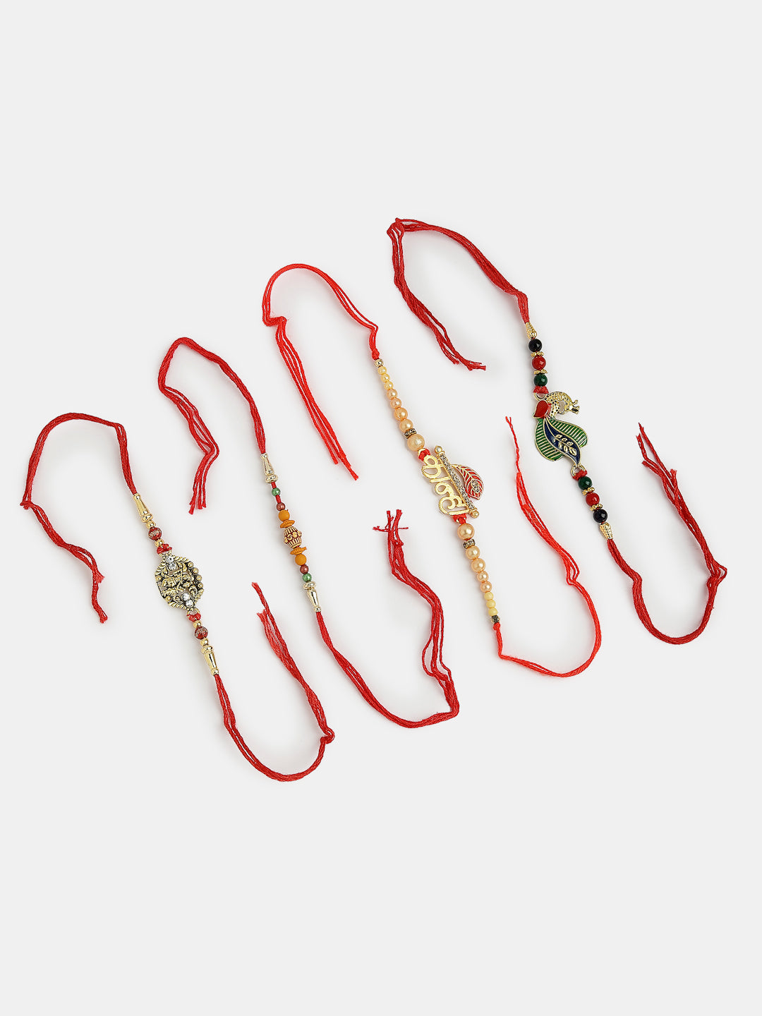 Set Of 4 Multicolor Radha Krishna & Peacock Design Rakhi With Roli Chawal