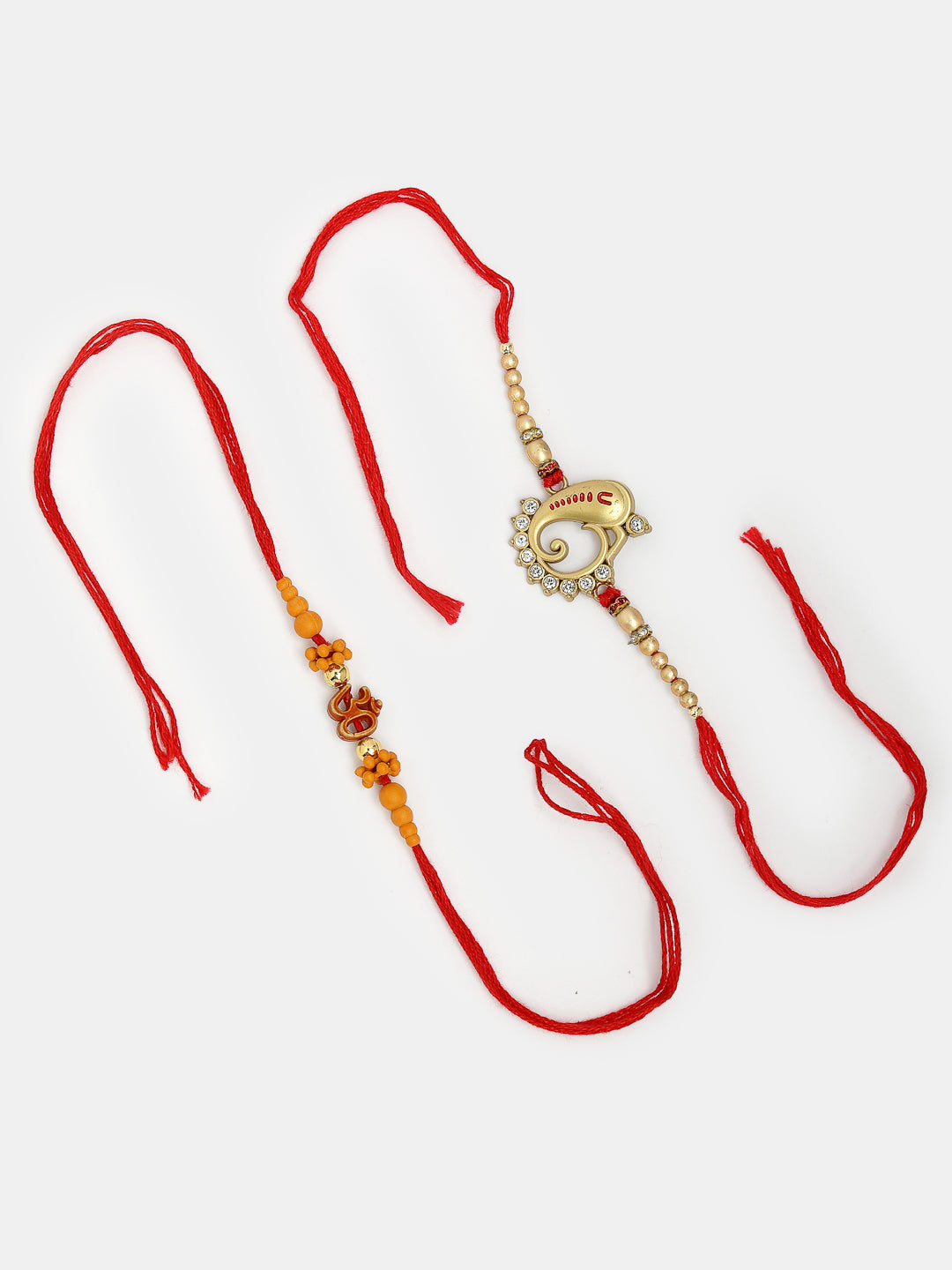 Set Of 2 Gold-Toned Ganesha Stone-Studded Rakhi With Roli Chawal