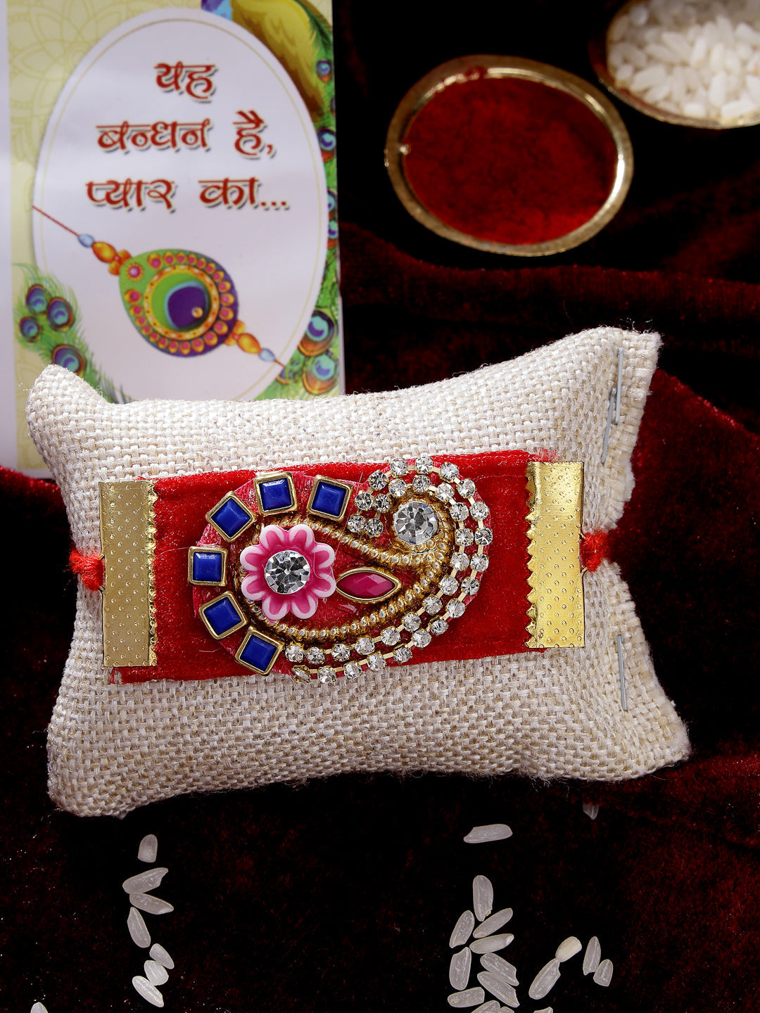 Red Stone-Studded Rakhi With Roli Chawal