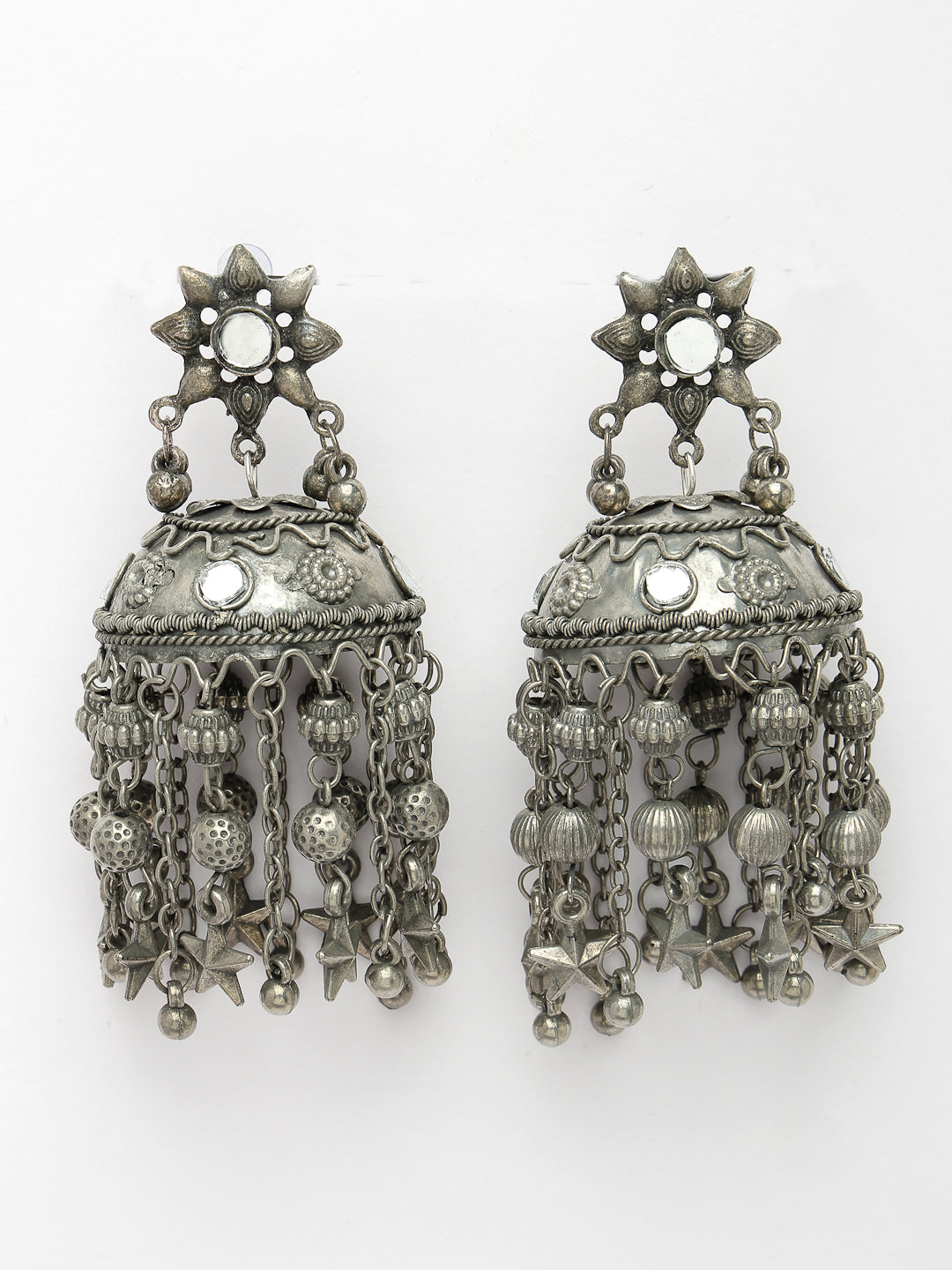 Women's Silver Plated Mirror Work Oxidised Contemporary Jhumka Earrings