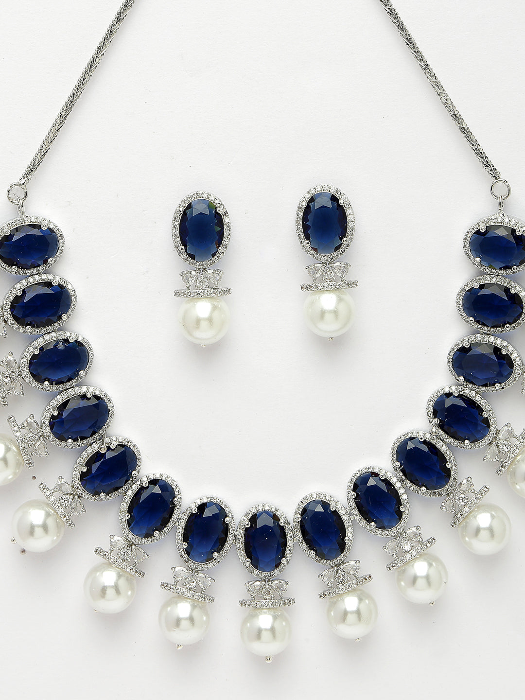 Women's Silver-Plated Blue American Diamond Studded Handcrafted Jewellery Set