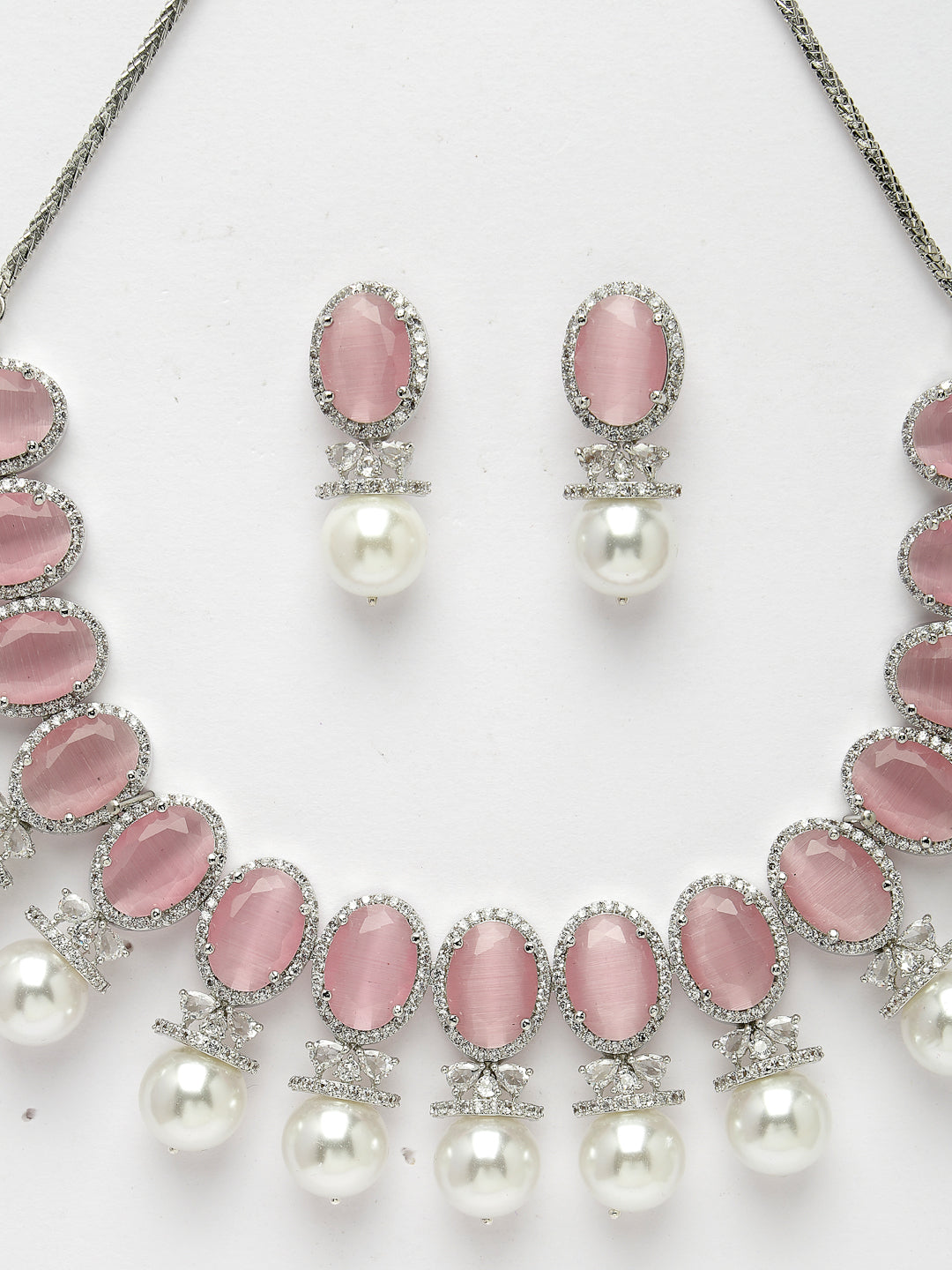 Women's Silver-Plated Pink American Diamond Studded Handcrafted Jewellery Set