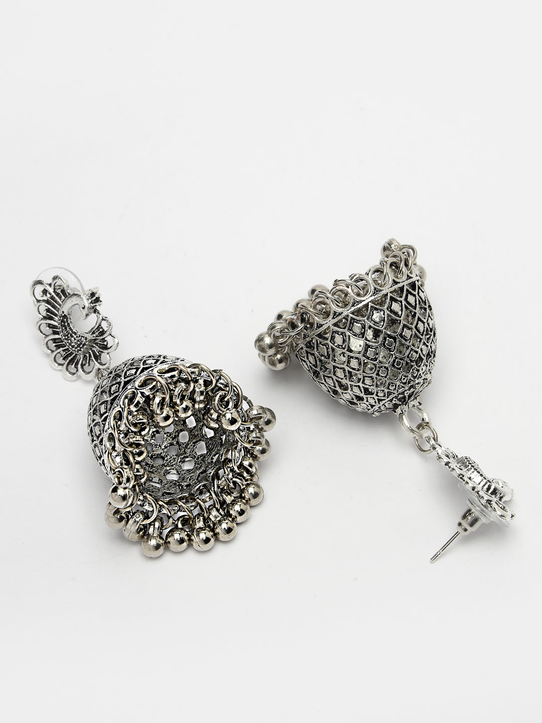 Women's Set Of 3 Silver-Toned German Silver Oxidised Dome Shaped Jhumka Earrings