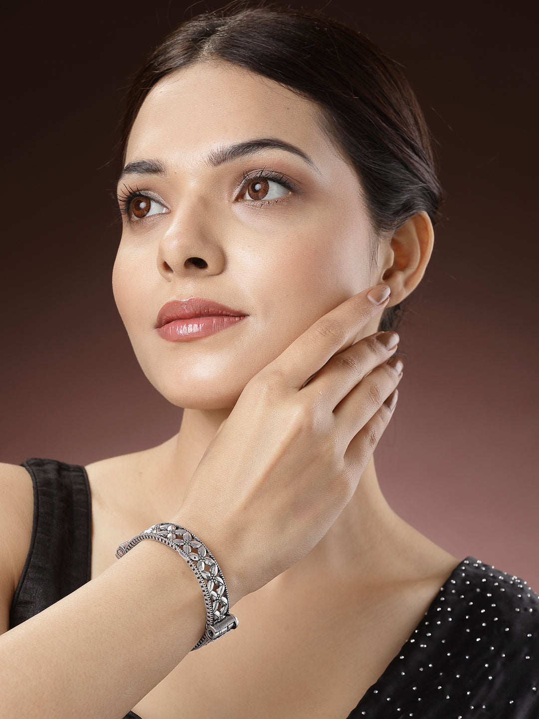 Women's Silver-Toned German Silver Oxidised Kada Bangle