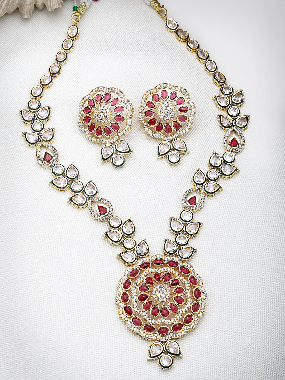 Women's Set Of 2 Red & Gold Kundan Studded Jewellery Set Choker & Long Necklace With Earrings