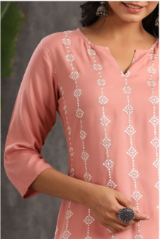 Women's Onionpink Rayon Embroidered Straight Kurta