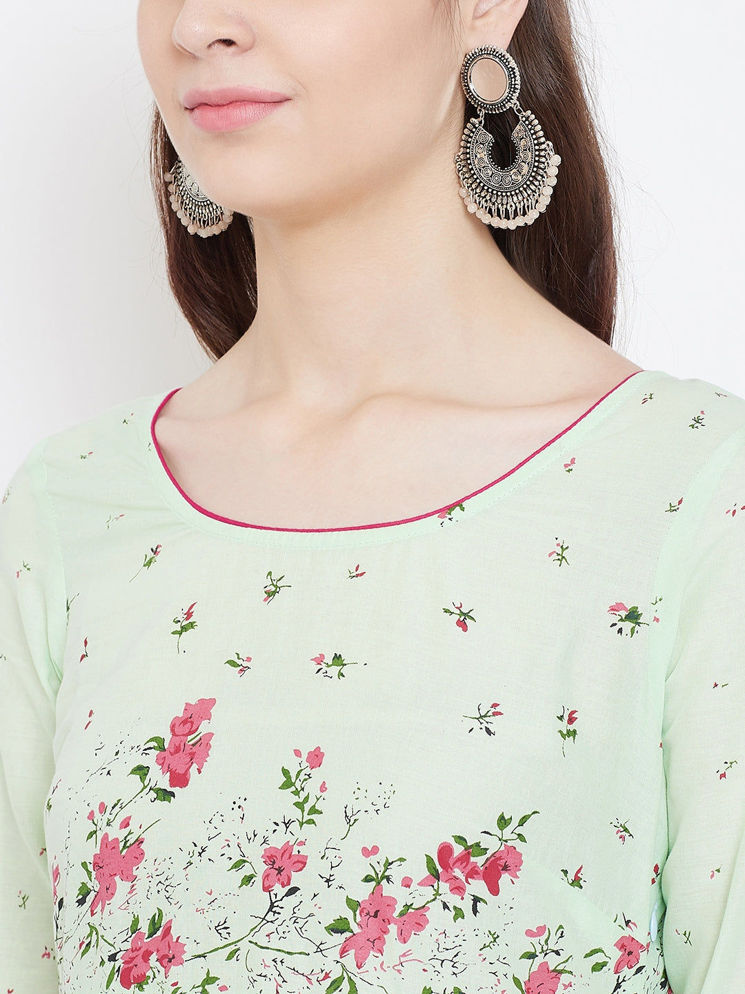Women's Cotton Anarkali Golden Print 3/4th Sleeve Green Kurta