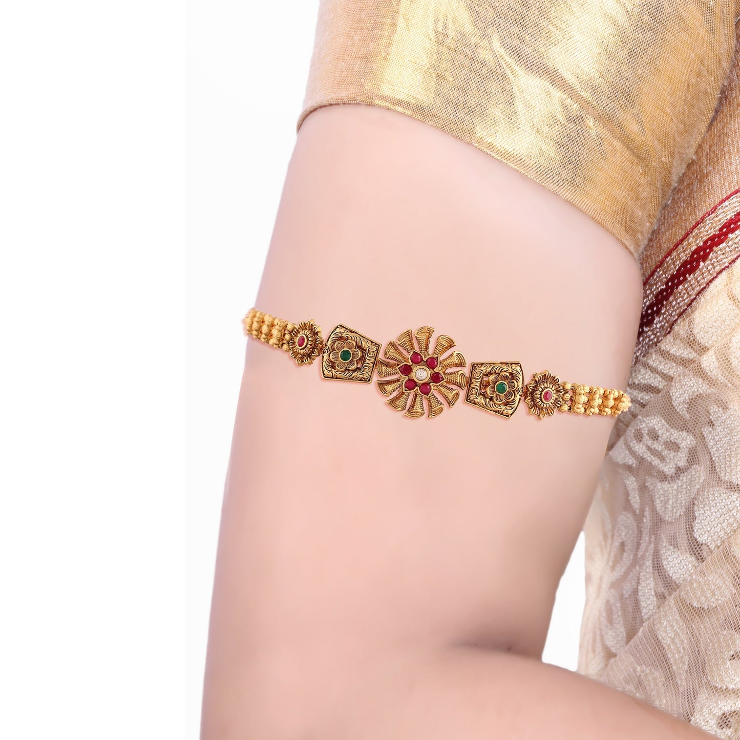 Women's Gold Plated Traditional Brass Ruby Green Stone Bajuband /Vanki/Armlet Rajwadi Jewellery