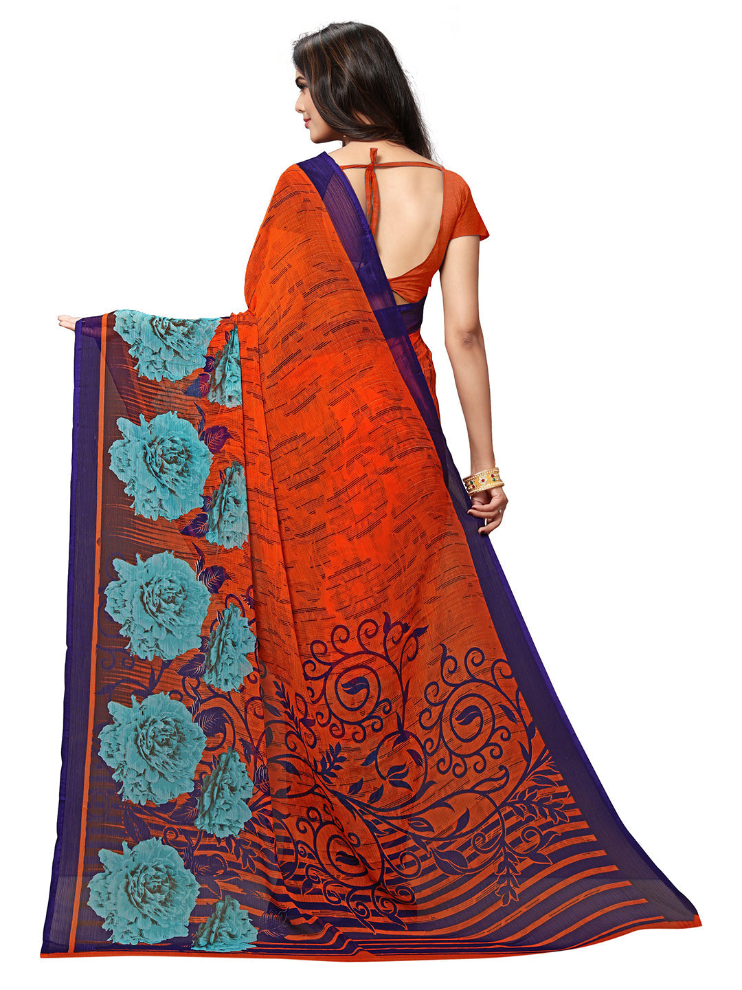 Women's Orange Georgette Printed Saree