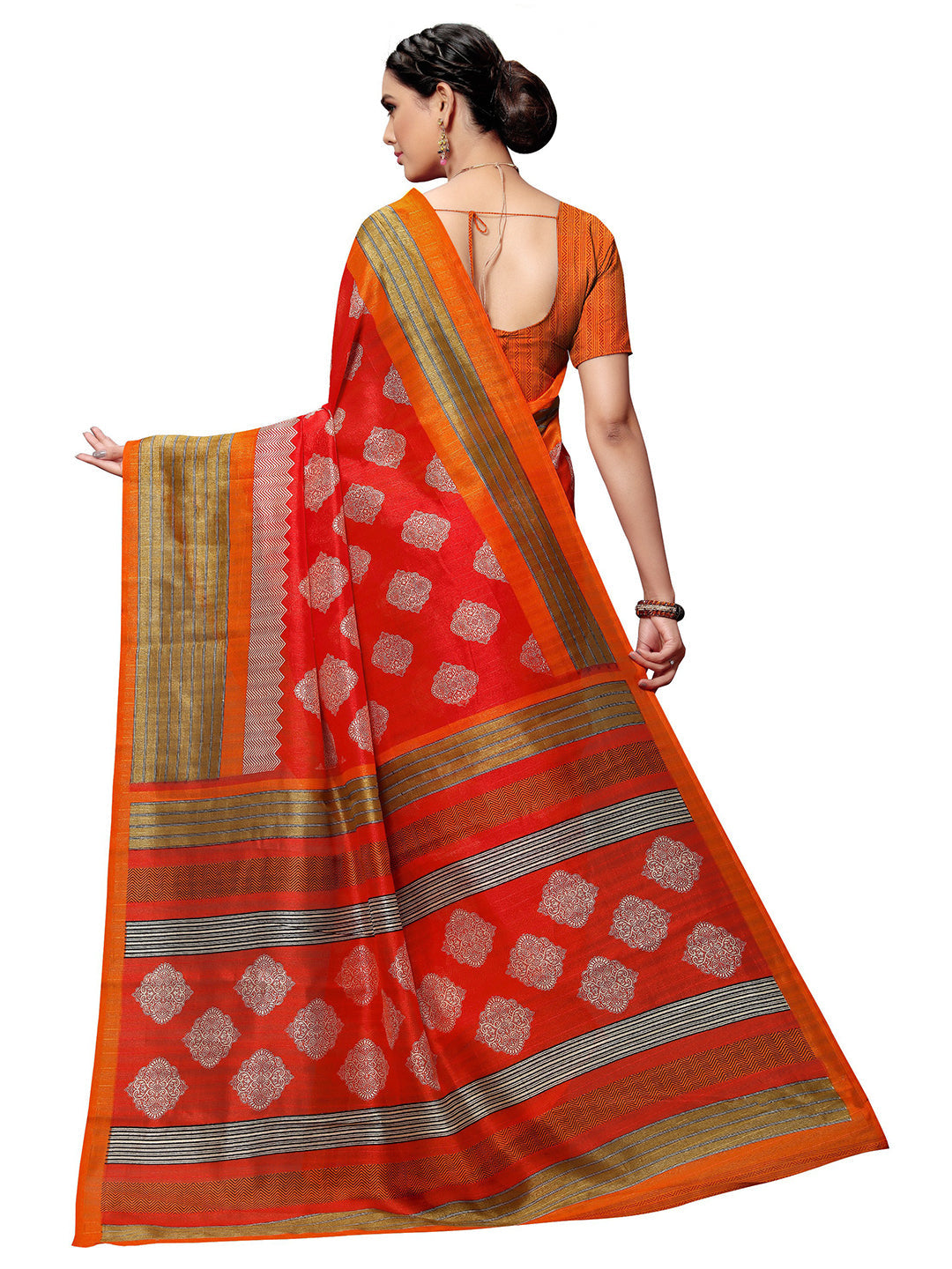 Women's Orange Tussar Silk Printed Saree
