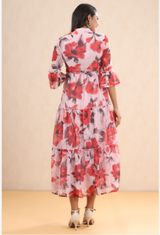 Women's Pink Chiffon Printed Tiered Dress