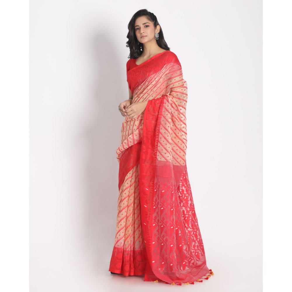 Women's Beige Cotton Silk Jamdani Saree