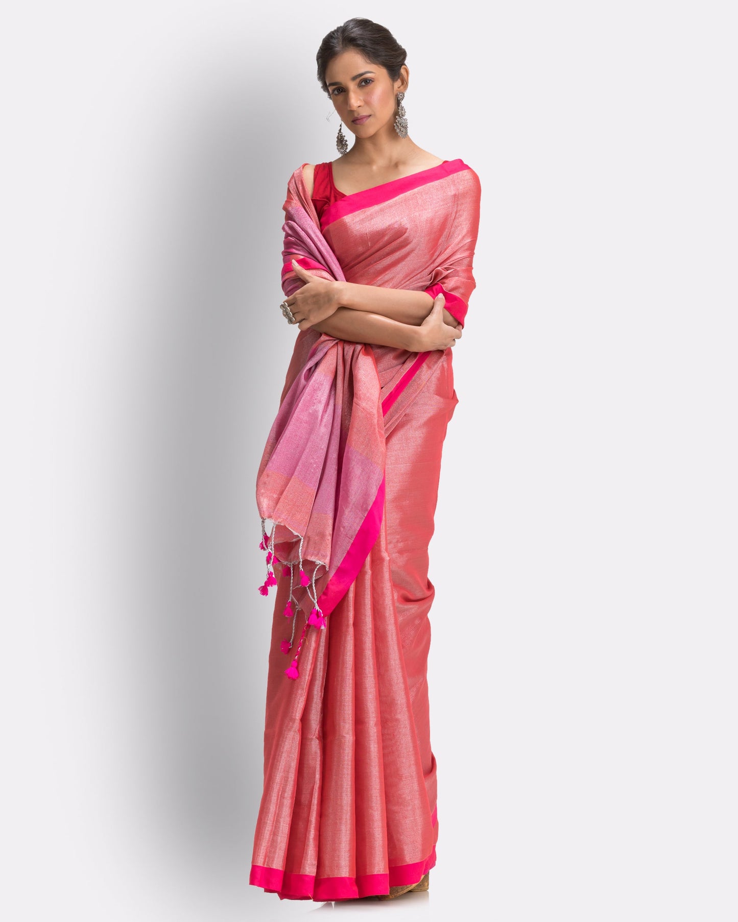 Women's Peach Hand Woven Cotton Blend Tissue Saree