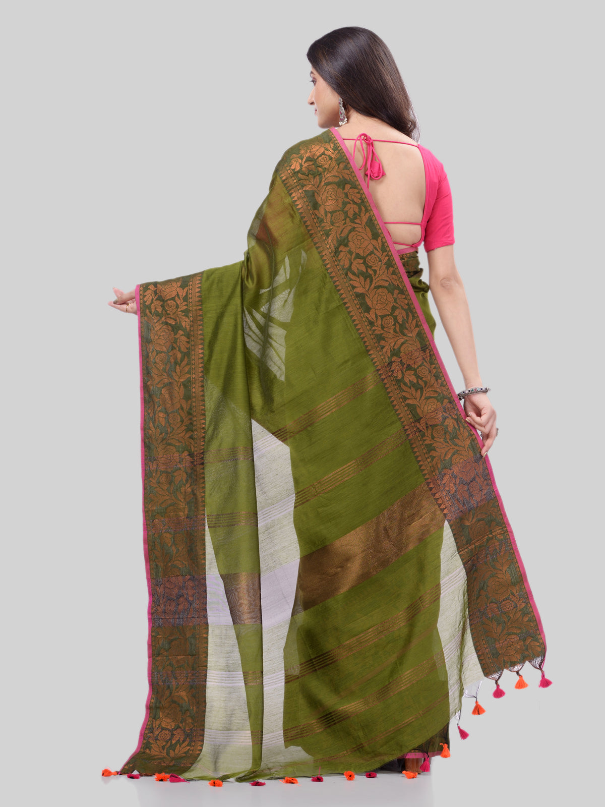 Women's Cotton Handloom Cotton Silk Saree Gulab Work With Blouse Piece