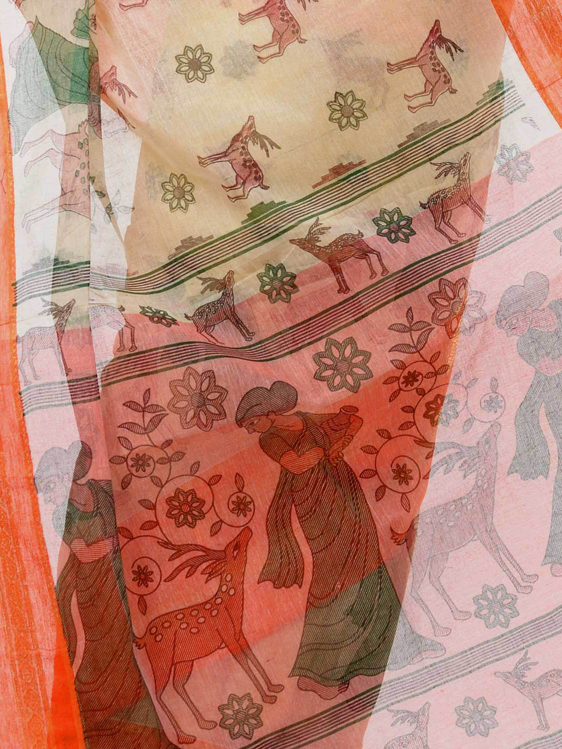 Women's Bengal Printed Orange Cotton Tant Saree
