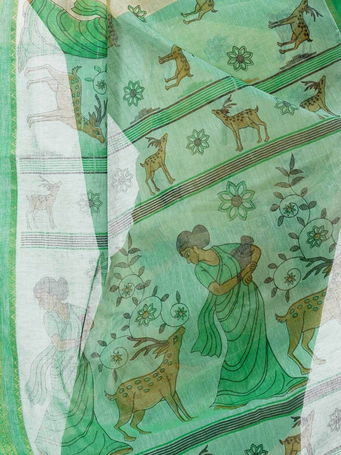 Women's Bengal Printed Green Cotton Tant Saree