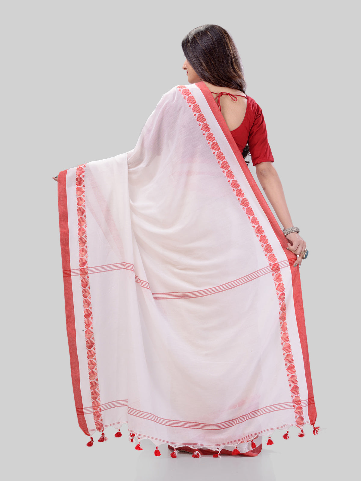 Women's Traditional Bengali Tant Handloom White Cotton Saree