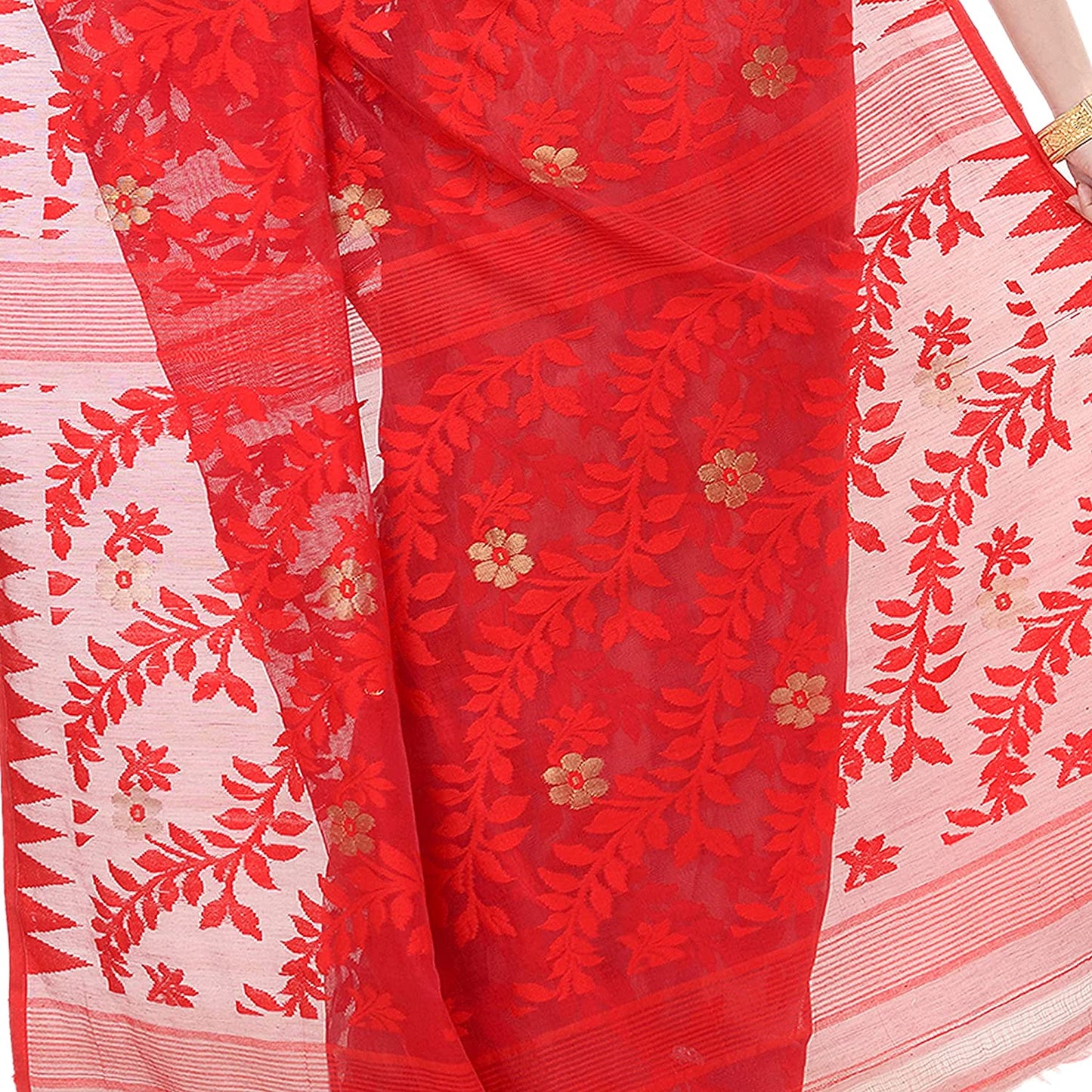 Women's Cotton Blend Handloom Red White Jamdani Saree
