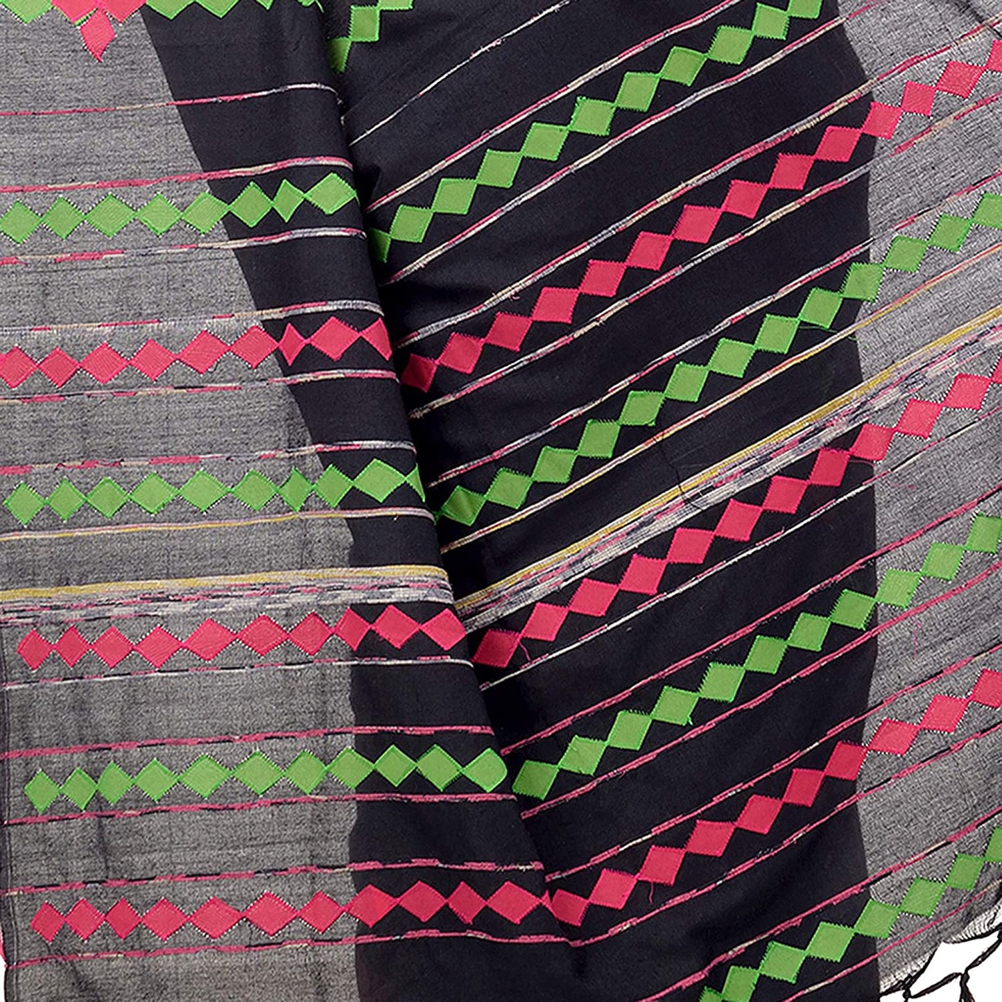 Women's Handspun Cotton Black Handloom Applique Saree