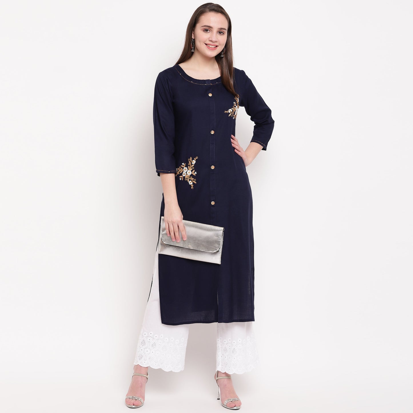 Women's Embroidered/Solid Straight Rayon Blue Kurta (1Pc)
